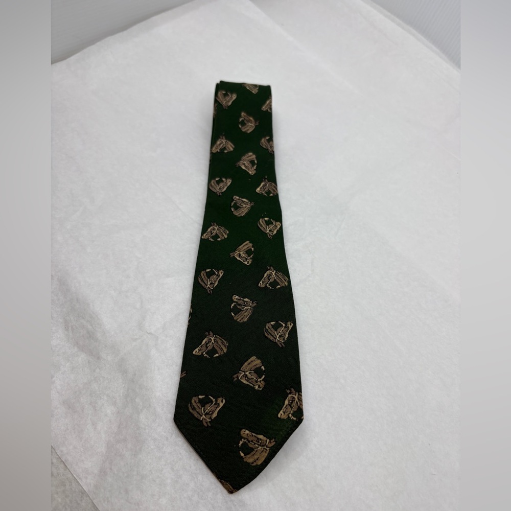 Vintage Green Wool Challis Tie | Horse Print Ivy League Trad Ray Hammond England